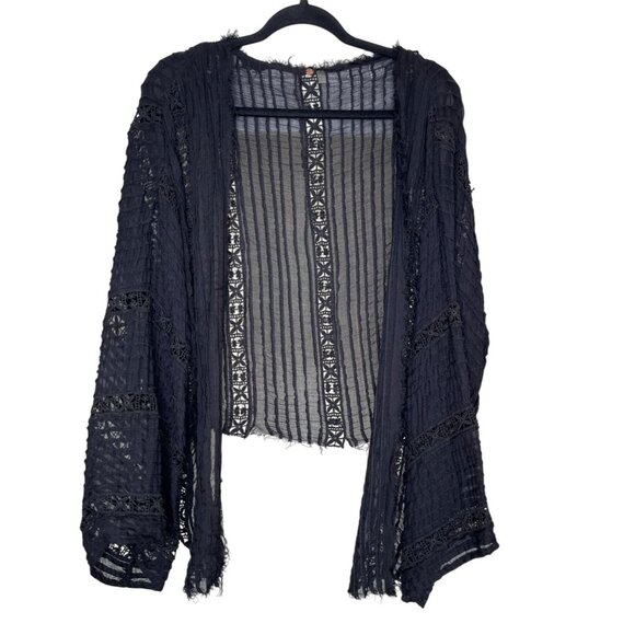 Free People FP One Frayed Distressed Open Front Kimono Crochet Lace Sheer Boho - Picture 3 of 13